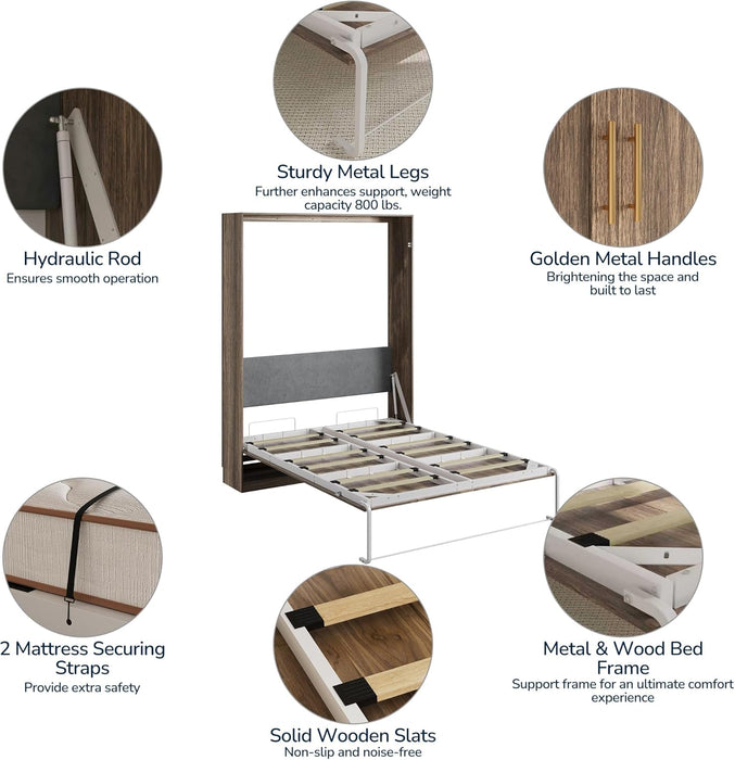 Modern Queen Size Murphy Bed, Hidden Foldable Wall Cabinet Bed Frame with Wood Slat, Space-Saving, No Spring Box Required, Brown