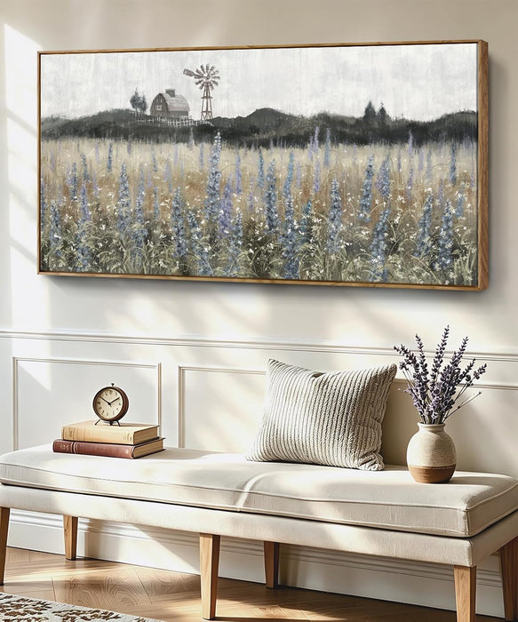 Large Vintage Framed Canvas Wall Art for Living Room, Rustic Farmhouse Countryside Windmill and Barn Landscape Painting, Retro Wildflower Field Meadow Print, 48"X24" Ready to Hang