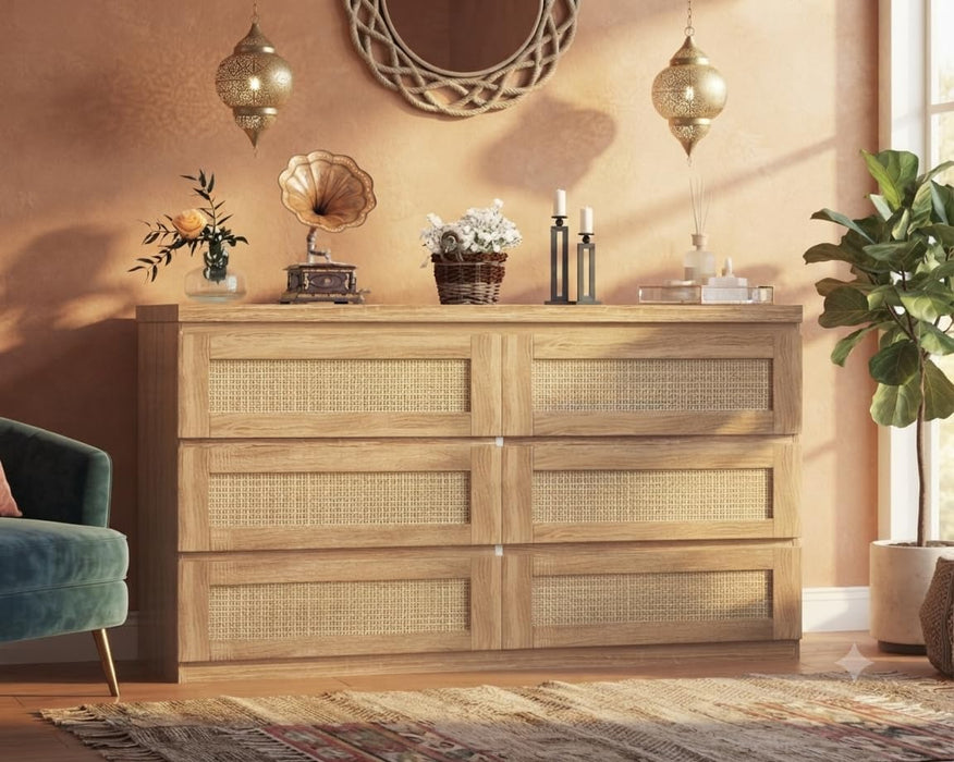 Rattan 6-Drawer Dresser for Bedroom - Slim Wooden Chest of Drawers, Durable Freestanding Storage Organizer Cabinet for Living Room and Entryway, Oak