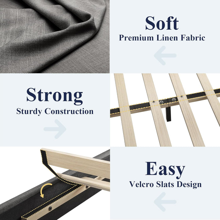 Queen Bed Frame with Adjustable Headboard, Upholstered Platform Bed with Wood Slats, Heavy Duty Mattress Foundation, No Box Spring Needed, Noise-Free, Easy Assembly, Dark Grey