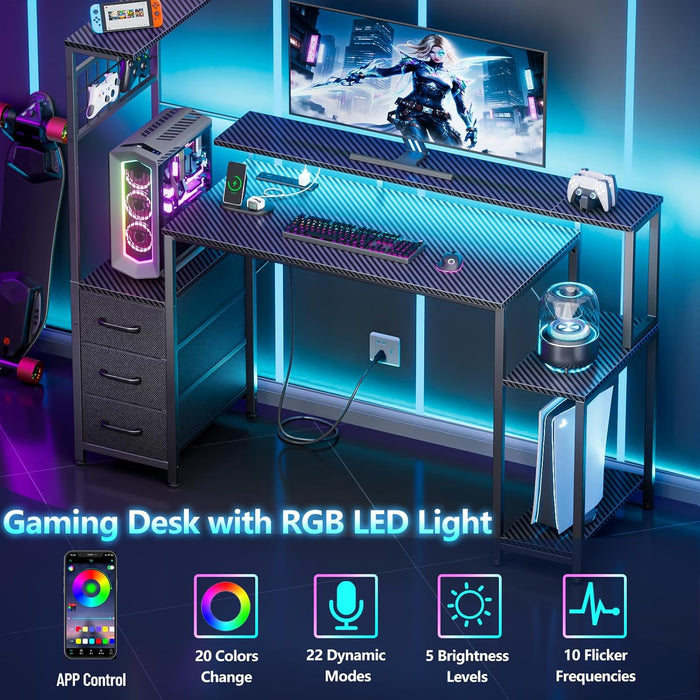 48 Inch Gaming Desk with LED Lights & Power Outlets,Computer Desk with Fabric Drawers & Side Hook,Reversible Gamer Table with Monitor Stand for Game Room,Home Office,Carbon Fiber Black