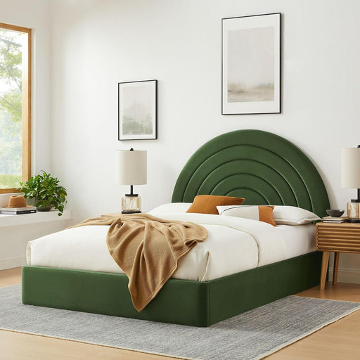 Solana Full Size Performance Velvet Platform Bed in Moss Green – Upholstered Double Bed Frame with Soft Arch Shaped Padded Headboard – Plinth Base Platform Bed Frame