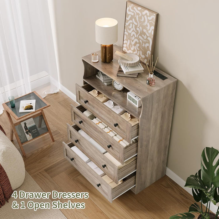 Tall Dressers with 4 Drawer Storage and LED Lights, Gray Wood Chest of Drawers with Charging Station for Bedroom, Living Room, Closet, Hallway, Wooden Nightstand Dresser for Bedside