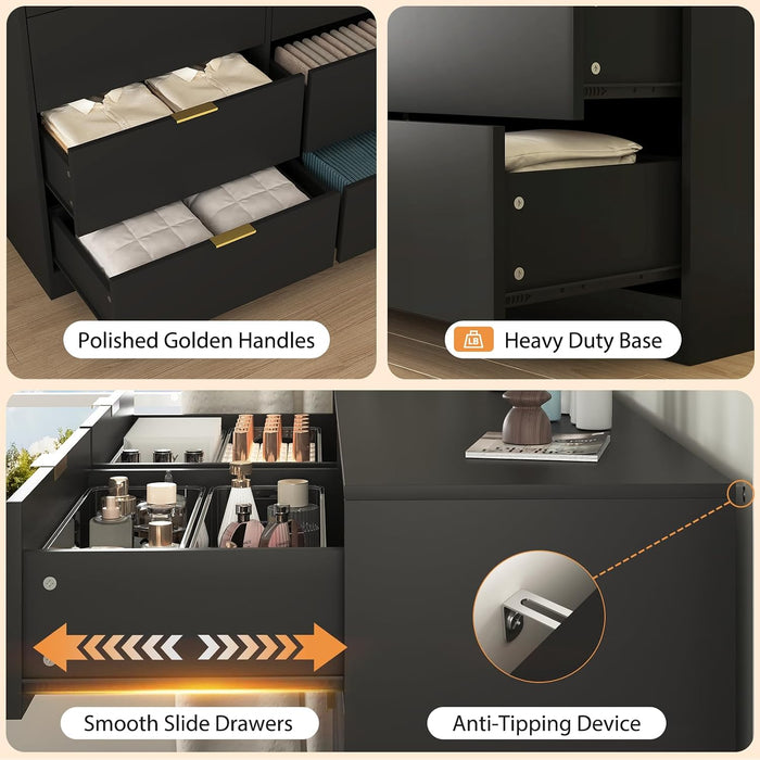 Black Dresser for Bedroom, 8 Drawer Dresser with Deep Drawer, Tall Modern Chest of Drawers with Golden Handle, Large Storage Organizer Bedroom Furniture, TV Stand for Living Room, Hallway, Entryway