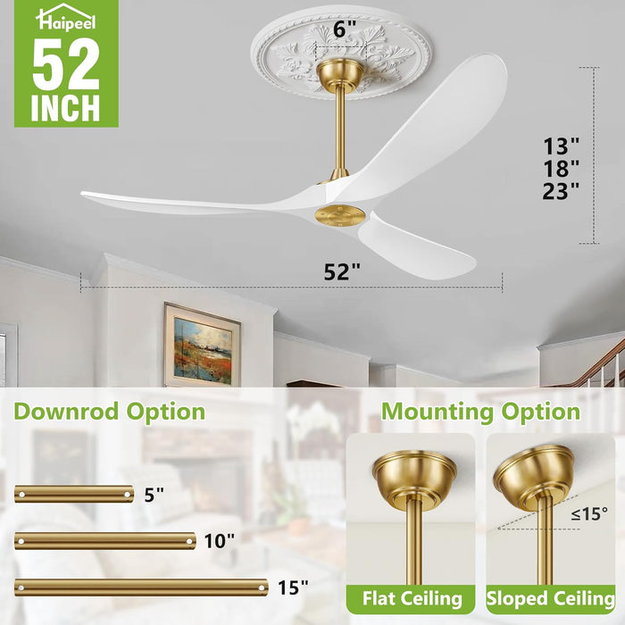 52 Inch Ceiling Fans without Lights, Wood Ceiling Fan No Light with Remote Control and DC Motor, Indoor Outdoor Ceiling Fan Morden Living Room Bedroom 3 Blades Propeller, White Gold