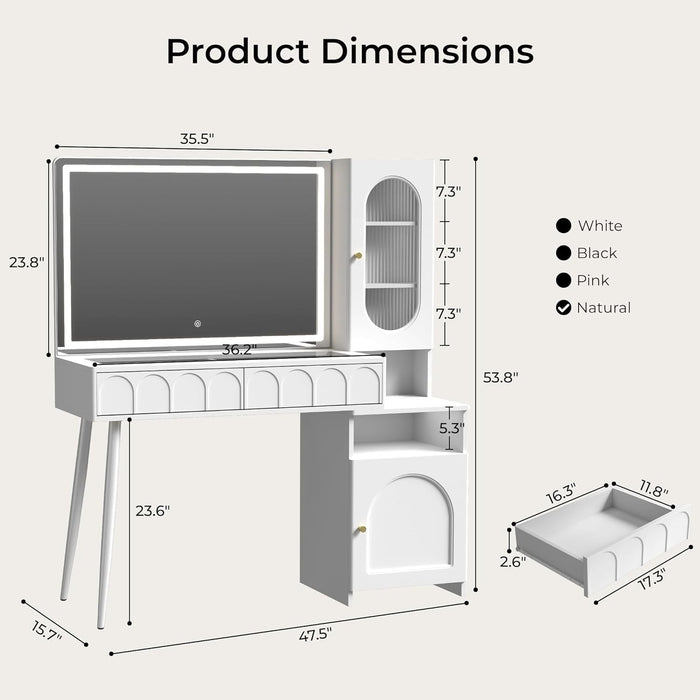 Vanity Desk with Mirror and Lights, 48'' Makeup Vanity with Arch Groove, Fluted Modern Vanity with Glass Top & Storage Cabinet, 3 Lighting Modes Adjustable Brightness for Bedroom, White
