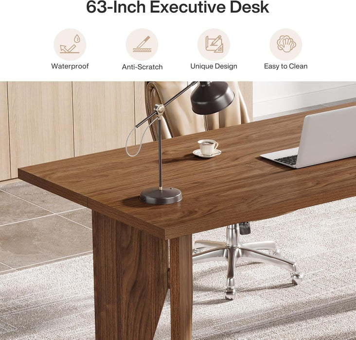 63-Inch Executive Desk, Mid-Century Modern Office Desk with Sturdy Legs, Large Wooden Computer Desk Business Workstation for Home Office, Brown