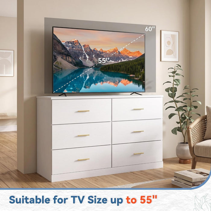 White Dresser for Bedroom with 6 Drawers, 47" Wide Modern Chest of Drawers, Wooden Dresser TV Stand,Storage Organizer for Living Room,Hallway