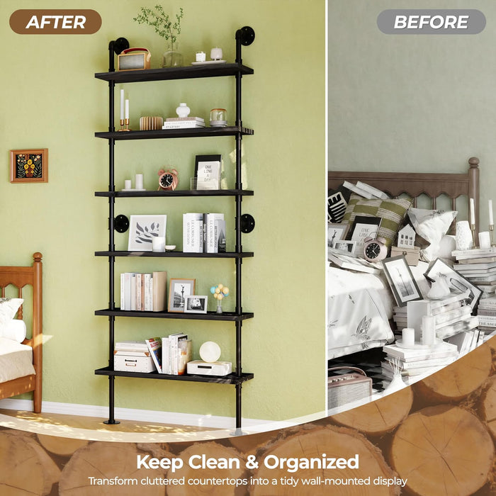 Industrial Pipe Bookshelf, Wall Mounted Shelf, 36 Inch, Black | 6 Tier Open Bookcase, Solid Pine Wood, Black Iron Pipe Frame, 40 Lbs per Shelf, for Books, Kitchen, Office Decor
