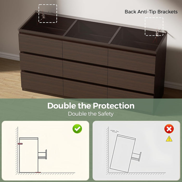 Modern 9 Drawer Dresser for Bedroom, Simply Chest of Drawers, Wood Storage Dresser with Deep Drawers for Living Room Hallway Entryway (Brown)