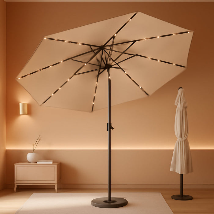 9' Solar LED Patio Umbrella with Tilt & Crank|8 Sturdy Ribs,Uv Protection,Outdoor Market Table Umbrella for Deck,Lawn,Pool,Backyard(Beige)