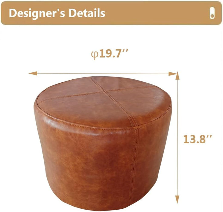 Faux Leather Pouf Cover,Unstuffed Pouf Ottoman Round,Φ19.7X13.7 Mid-Century Moroccan Large Floor Storage Foot Rest Bean Bag for Living Room Bedroom,Brown