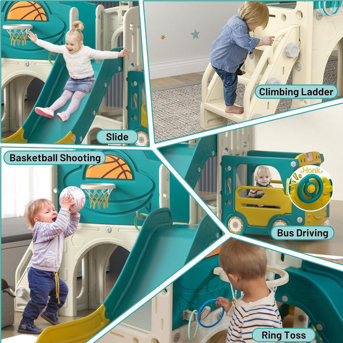 9-In-1 Toddler Slide, Bus-Themed Baby Slide and Climber Playset with Basketball Hoop, Ring-Toss, Car Playhouse, Kids Indoor and Outdoor Playground