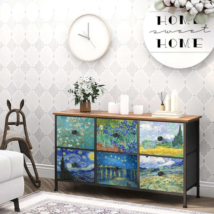 6 Drawer Dresser for Bedroom Van Gogh Chest of Drawers Wide TV Stands Fabric Storage Drawer Unit for Living Room Entryway Closet Sturdy Steel Frame Wood Top