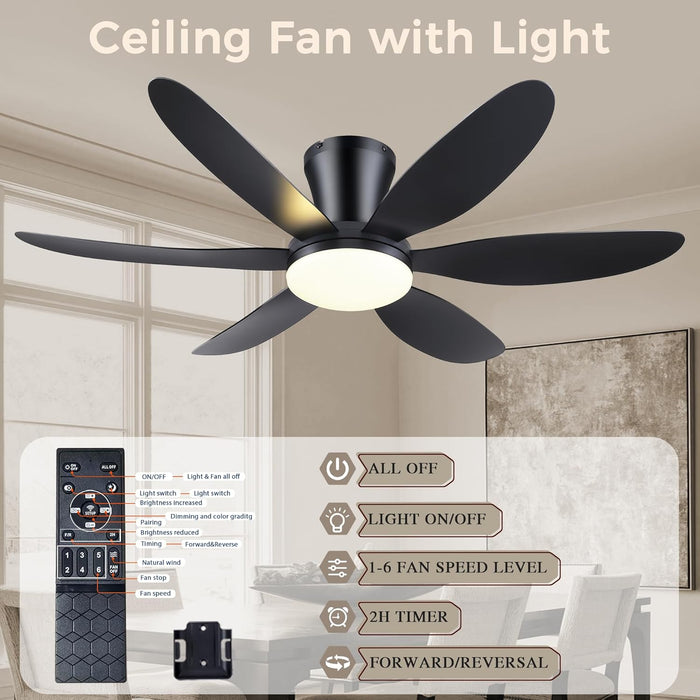 Ceiling Fans with Lights,42" Low Profile Ceiling Fan with Light and Remote Control,Flush Mount, Reversible, Dimmable, Noiseless, Black Ceiling Fan for Bedroom