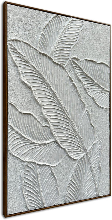 White Textured Wall Art, Hand Painted Canvas Abstract Wall Art Framed, 3D Minimalist White Leaf Plant Painting 24"X36"