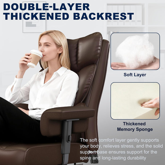 Big and Tall Office Chair with Footrest, High Back Executive Desk Chair with Adjustable Lift Armrest, 155°Recline, Lumbar Support Pillow, Faux Leather Gaming Chairs for Home or Office Brown