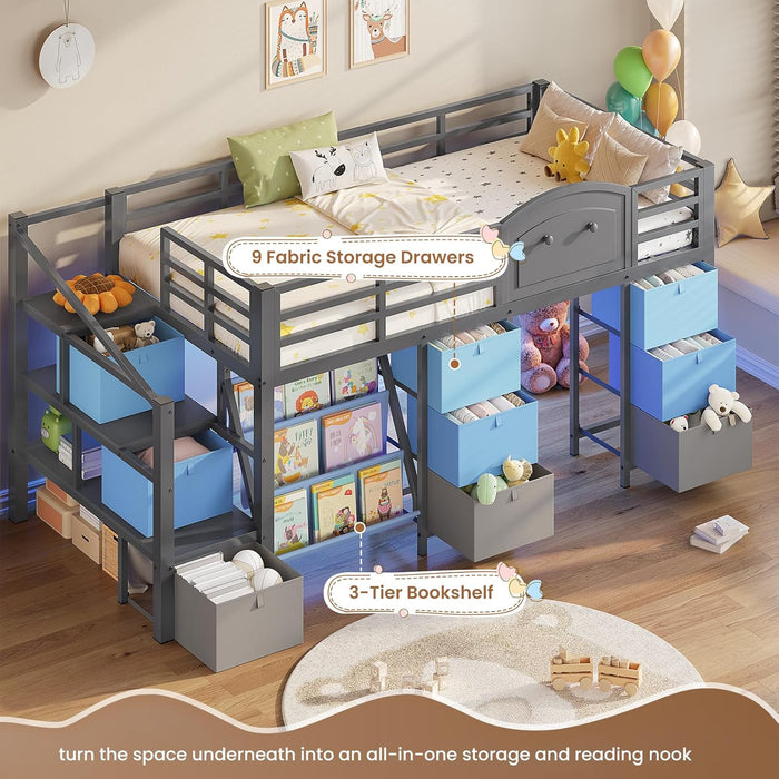 Twin Charcoal Grey Loft Bed IntegratedStorageSystem Drawers
