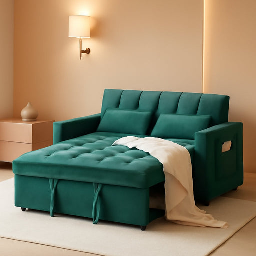Sleeper Sofa Bed,55'' Convertible Pull Out Couch with Side Pockets,Velvet Fabric Loveseat Sleeper Sofa with Adjustable Backrest for Living Room,Bedroom,Apartment and Small Space, Green