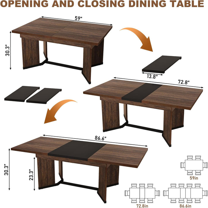 59"-86" Extendable Dining Table for 6 8 10 People,86" Farmhouse Rectangle Extending Dining Table W/Removable Leaves Space Saving,Wooden Adjustable Tables for Kitchen Office Living Room (Brown&Black)