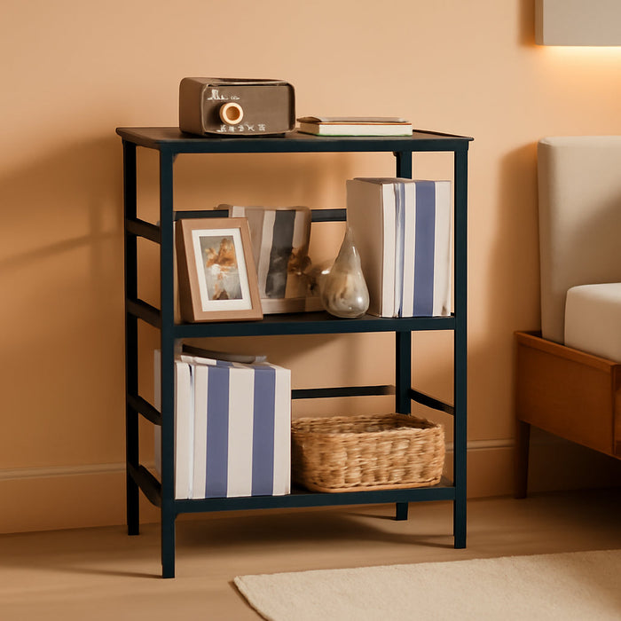 3 Tier Bookshelf, Industrial Bookcase, Record Storage Rack with Side Fence, Wood Storage Shelf with Metal Frame, Rustic Open Display Shelf for Living Room, Bedroom, Black BB86CJ01