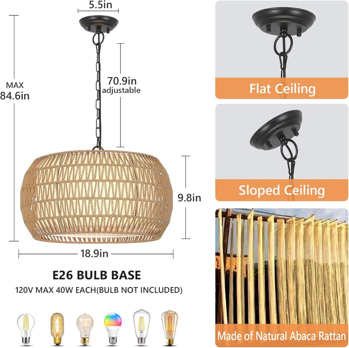 Rattan Farmhouse Chandelier Light Fixtures, 5-Lights Boho Large Pendant Light,Hand Woven Chandeliers for Dining Room with Fabric Shade,Rustic Chandeliers Hanging Light Fixtures for Kitchen Island