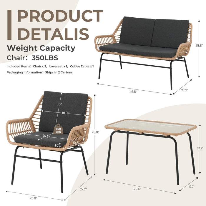 4 Piece Outdoor Patio Furniture Set, Rattan Conversation Sets, All-Weather Wicker Chairs with Cushions and Coffee Table, for Garden Balcony Courtyard Poolside