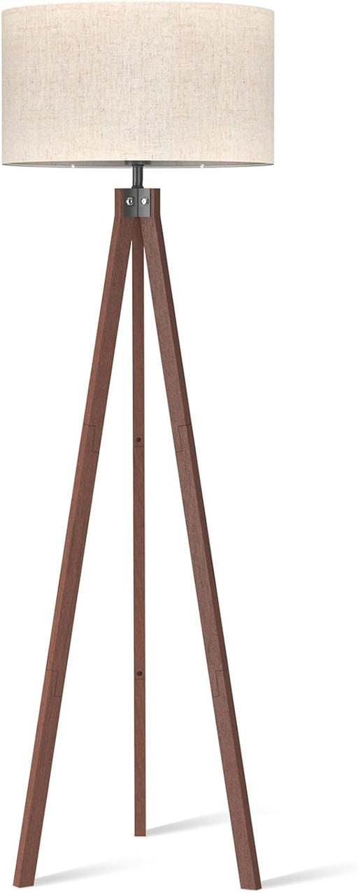 Wood Tripod Floor Lamp, Mid Century Standing Lamp, Modern Design Studying Light for Living Room, Bedroom, Study Room and Office, Flaxen Lamp Shade with E26 Base Dark Brown