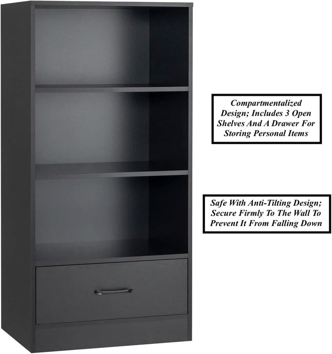 4 Tier Bookshelf Bookcase Storage Shelf Display Cabinet with Drawer Ample Storage and Display Space Safe with Anti-Toppling Device Perfect for Sturdy Room Bedroom Living Room Home Office Use