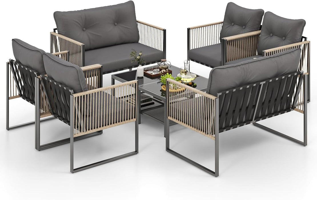 8 Pieces Patio Furniture Set, Outdoor PE Rattan Conversation Sofa Set with Thick Cushions and 2-Tier Tempered Glass Coffee Table for Garden, Porch, Balcony and Backyard