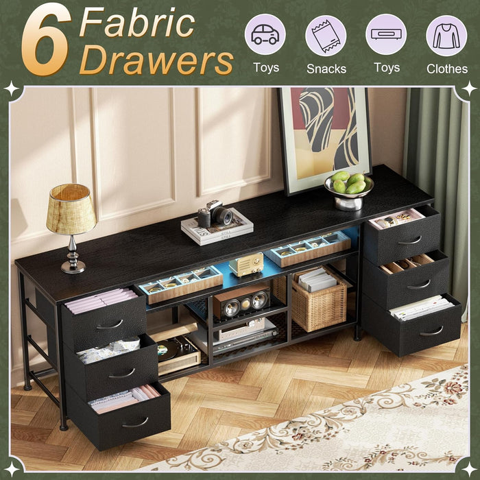 LED TV Stand for 65, 70, 80 Inch TV, 71 Inch Entertainment Center with Power Outlets, 6 Fabric Drawers Dresser for Bedroom, Media Console with Open Shelves, PU Leather Surface, Black