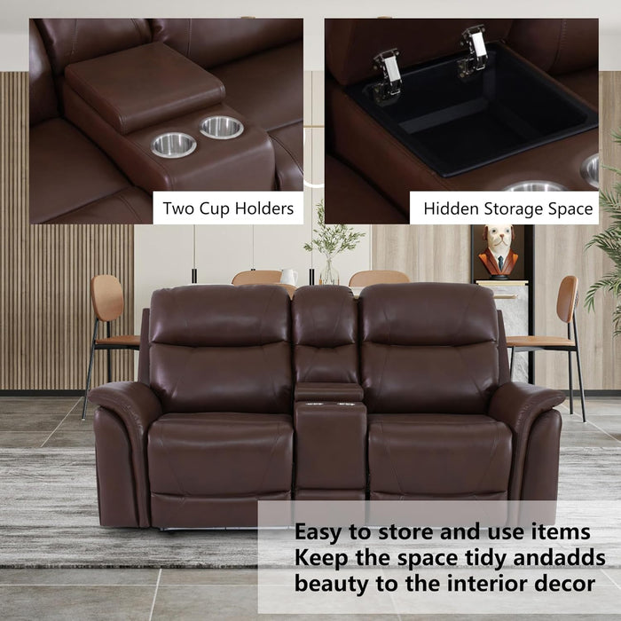 Power Recliner Sofa Set with LED, Breathing Leather Reclining Sofa Set, Living Room Set Recliner Couch Loveseat with USB Port/Cup Holder/Storage for Living Room (3 Pieces Couch Set, Brown)