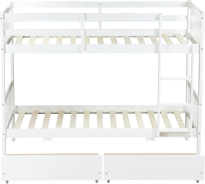 Twin over Twin Wood Bunk Bed with 2 Drawers for Girls,Boys,Convertible into 2 Beds,Wood Bunk Bed with Ladder and Safety Guardrails,No Box Spring Needed, White