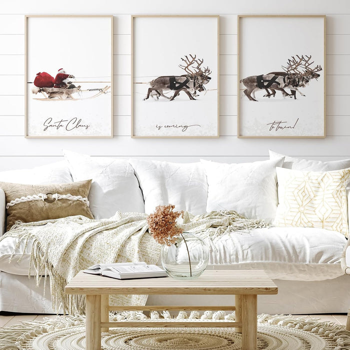 3Pcs Large Christmas Canvas Wall Art Prints Santa Claus with Sleigh Deer Art Poster Winter Xmas Wall Decor for Gallery Living Room Bedroom (UNFRAMED 16 X 24In)