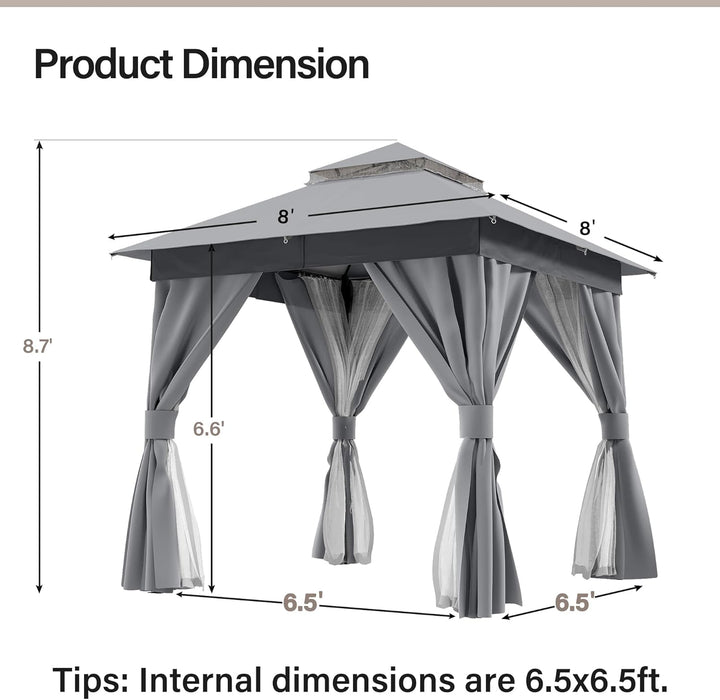 Patio Gazebo 8'X8', Outdoor Heavy Duty Party Tent Shelter with Double Roofs, Mosquito Nettings and Privacy Screens for Backyard, Garden, Lawn, Gray