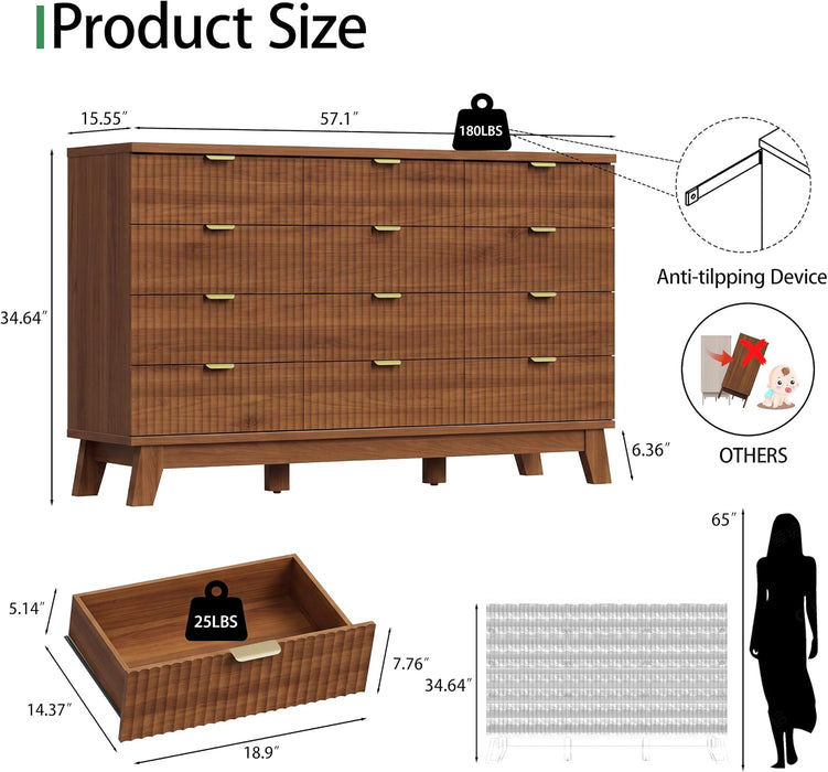 Fluted Dresser for Bedroom with 12 Drawers, 57" Wide Modern Chest of Drawers with Metal Handle, Wooden Dresser TV Stand, Wood Closet Clothes Storage Organizer for Living Room, Hallway, Walnut