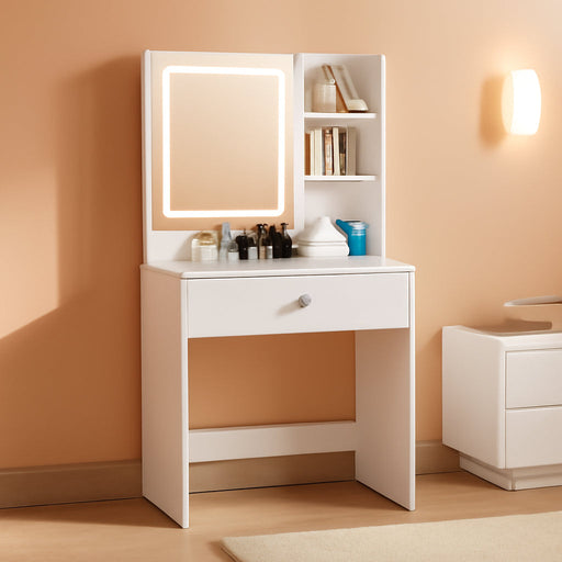 Vanity Desk with Mirror and LED Lights, Small Makeup Vanity Desk with 2 Drawers, 3 Storage Shelves, 24 Inches Make up Dressing Table with Power Outlet, 3 Adjustable Lights for Girls Bedroom, White