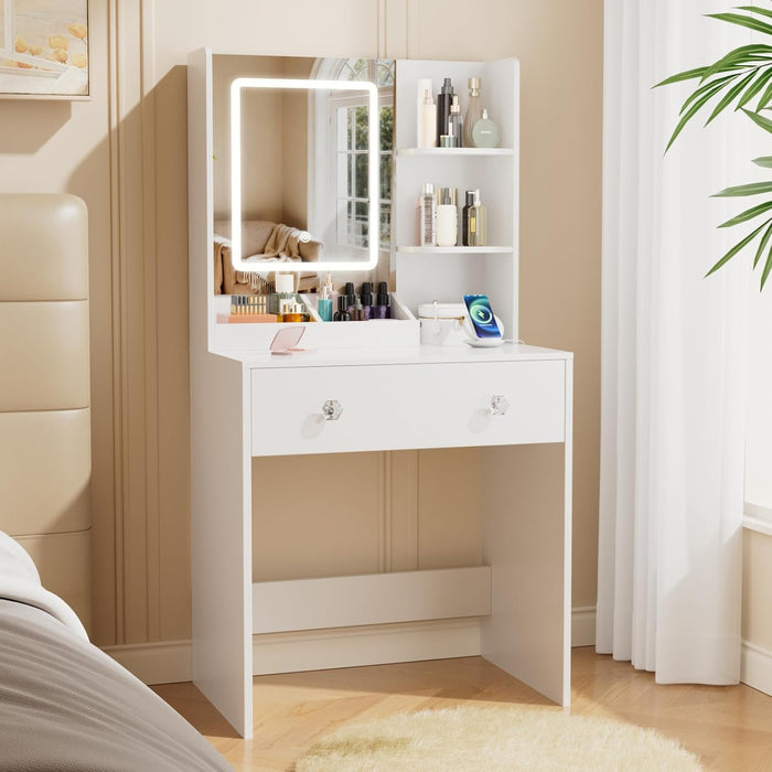 Vanity Desk with Mirror and LED Lights, Small Makeup Vanity Desk with 2 Drawers, 3 Storage Shelves, 24 Inches Make up Dressing Table with Power Outlet, 3 Adjustable Lights for Girls Bedroom, White