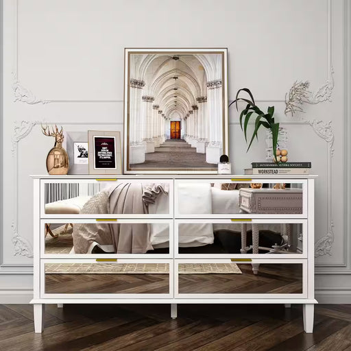 White High Gloss Mirrored 55.1 In. W Dresser with 6 Glass Drawers (15.7" D X 30.7" H)