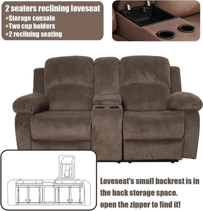 Recliner Sofa Set for Living Room Furniture Set, Reclining Sofa and Loveseat Set for Reclinier Sofa with Drop down Table/Double Recliner Loveseat with Storage Console/Brown Velvet