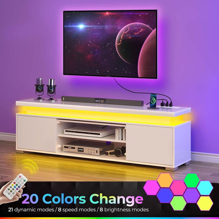 TV Stand with LED Lights & Power Outlet, Modern Entertainment Center for 32/43/50/55/65 Inchs Tvs, Table, Universal Gaming Media Stand Storage Cabinet and Large Storage, White