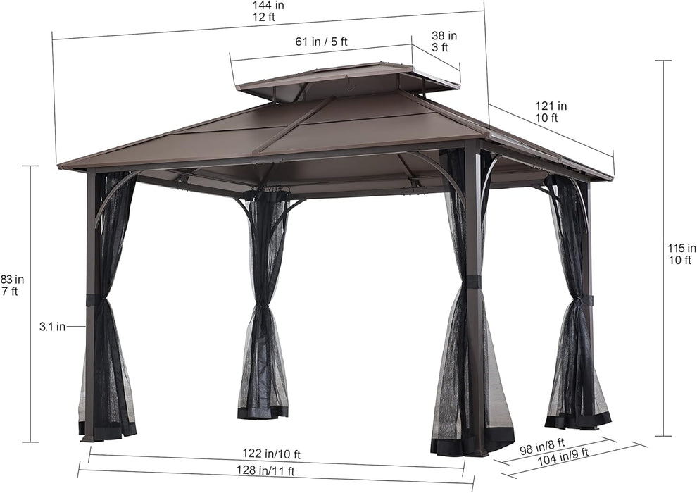 Hardtop Gazebo 10 X 12 Ft. Outdoor Gazebo, Heavy Duty Steel Frame Gazebo, Double Tiered Metal Gazebo with Ceiling Hook and Mesh Netting, Brown