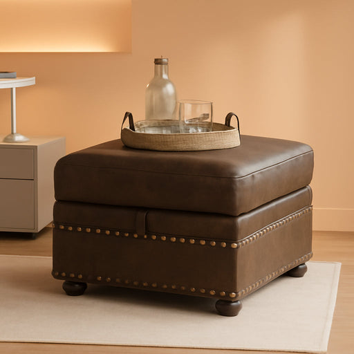 Faux Leather Ottoman with Storage, Rectangle Ottoman Coffee Table with Nailhead Trim, Solid Wood Legs, Oversized Upholstered Footrest Stool for Living Room, Bedroom, Apartment, Brown