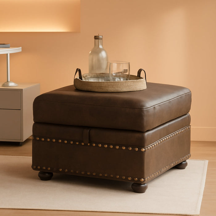 Faux Leather Ottoman with Storage, Rectangle Ottoman Coffee Table with Nailhead Trim, Solid Wood Legs, Oversized Upholstered Footrest Stool for Living Room, Bedroom, Apartment, Brown