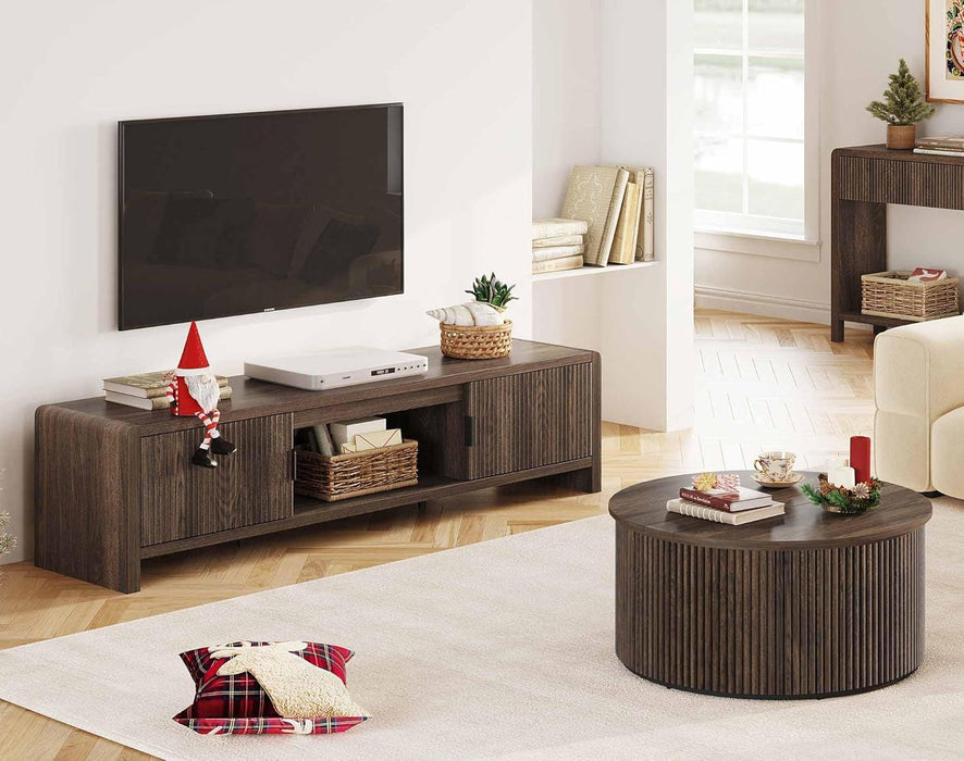 round Coffee Table, Fluted Woodern Center Table with Storage, Mid-Century Modern Cocktail Tables for Small Space, Living Room, Bedroom (31.5 Inch, Dark Walnut)