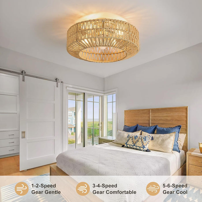 Boho Caged Rattan Fandelier Ceiling Fans with Lights and Remote Control