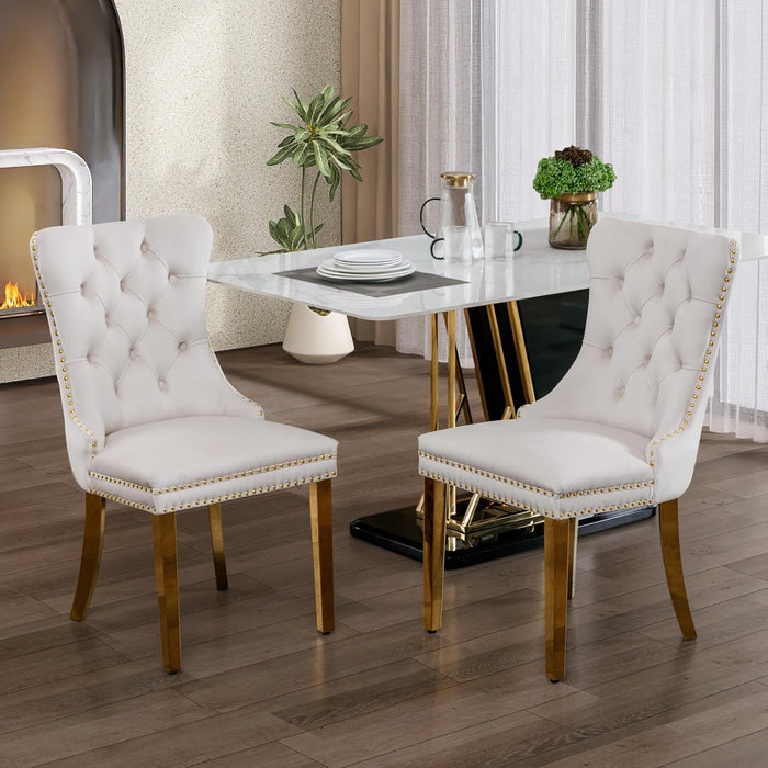 Velvet Dining Chair Set of 2, Upholstered Tufted Dining Room Chair with Nailhead Trim and Stainless Steel Gold Leg for Kitchen, Beige