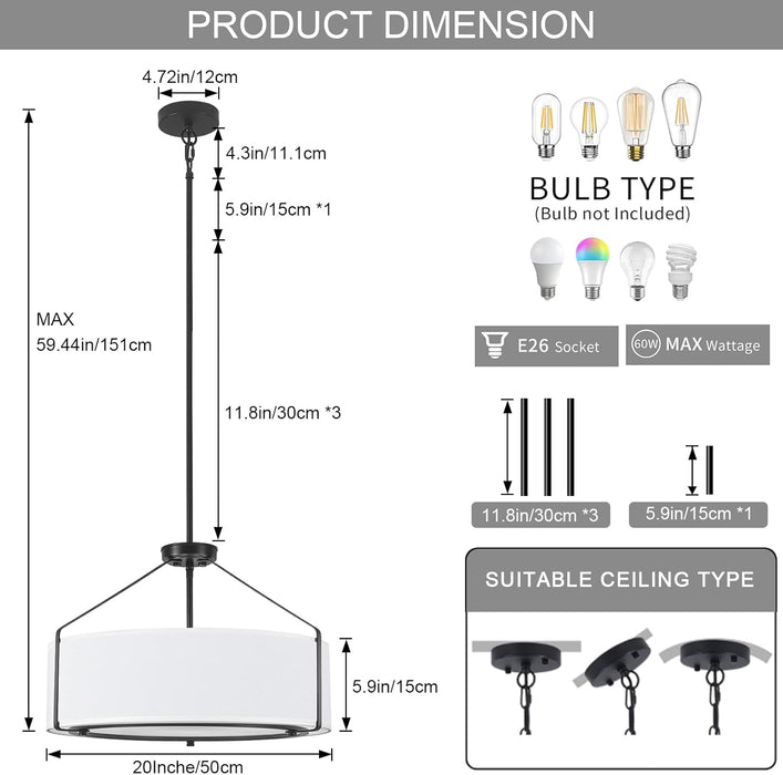 20Inches Drum Chandeliers, 5-Light Modern Farmhouse Pendant Light Fixture with White Linen Fabric Shade, Black round Adjustable Hanging Lights for Dining Room Bedroom Kitchen Foyer Entryway