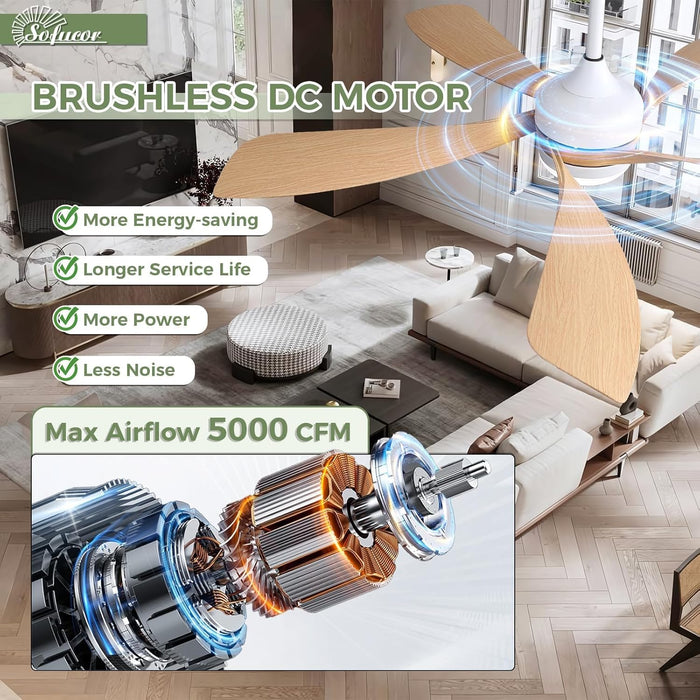 52 Inch Ceiling Fans with Lights and Remote, Outdoor Ceiling Fan with Light 6-Speed 3 CCT 3-Timer, Modern Low Profile Ceiling Fan 5 Blade Reversible DC Motor for Living Room Bedroom Patio