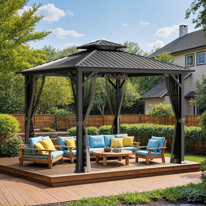 10X10 Hardtop Gazebo, Metal Gazebo with Frame, Outdoor Gazebos with Mosquito Net, Double Roof Hard Top Gazebos for Patios